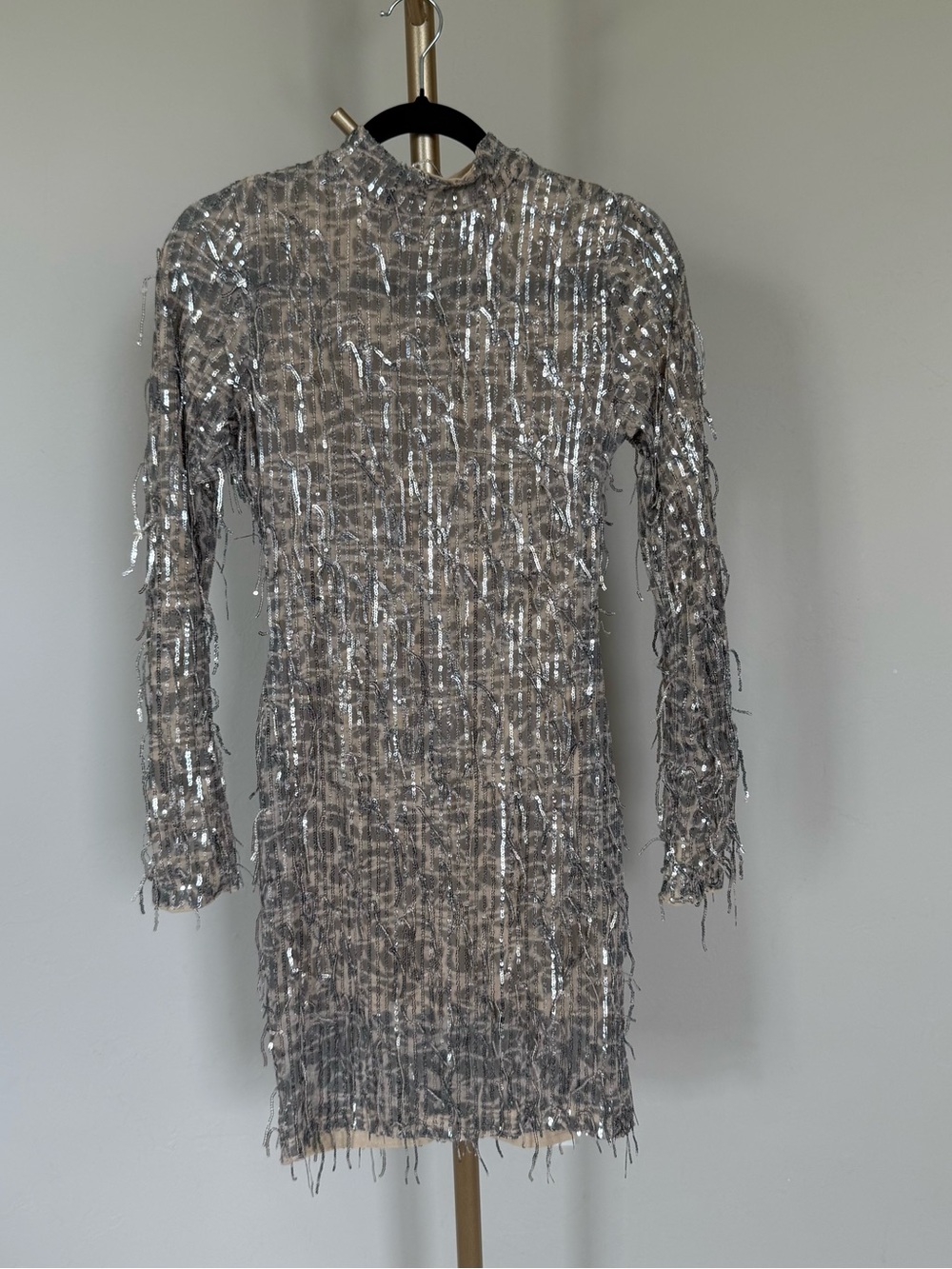 Fashion Nova Silver Sequin Fringe Long Sleeve Dress